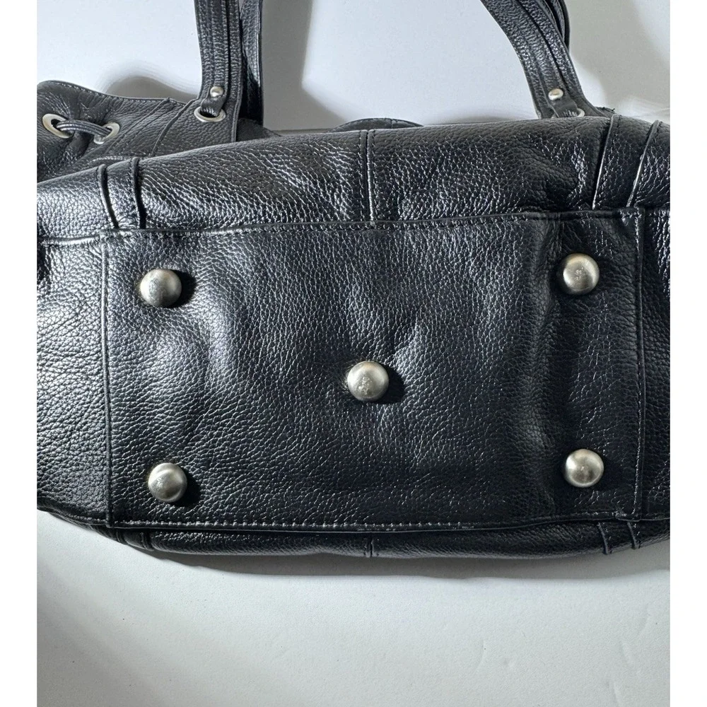 Adrienne Vittadini Black Genuine Leather Shoulder Bag Satchel Tote Silver Y2K